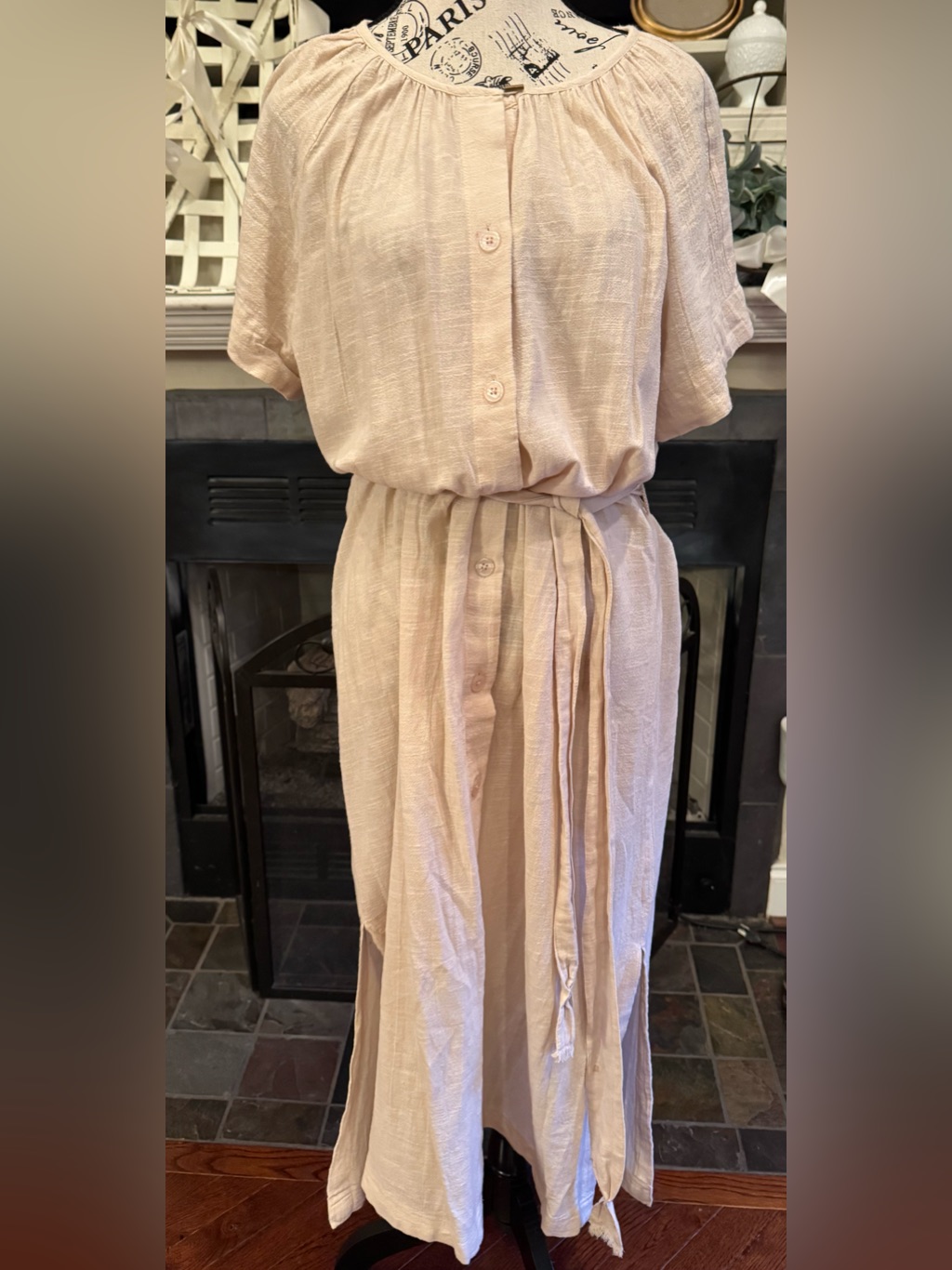 Lilla P Textured Cotton Maxi Shirt Dress Neutral Boho Quiet Luxury M Belted